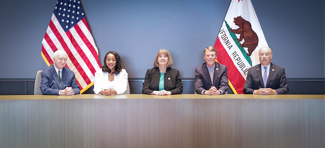 The State Board of Equalization. From Left to Right: Board Member Mike Schaefer (Fourth District); State Controller Malia M. Cohen; Chair Sally J. Lieber (Second District); Vice Chair Ted Gaines (First District); and Board Member Antonio Vazquez (Third District).