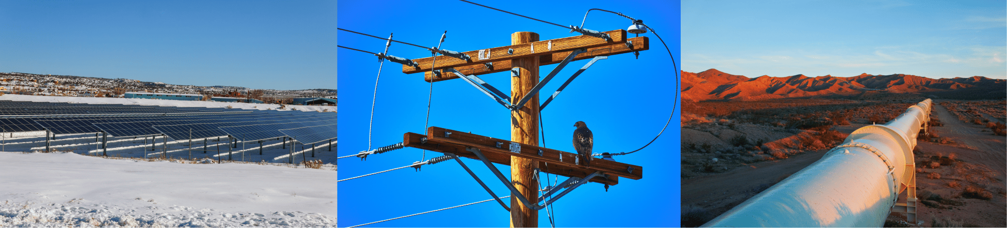 Solar panels on power station in mountains. Falcon on telephone pole in Mojave Desert. Pipeline in the Desert.