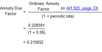 Image of an equation showing that the annual annuity due factor is equal to the annual ordinary annuity factor found in AH 505 divided by the quantity 1 plus i, the periodic rate. The value for the annual ordinary annuity factor is 0.228591, the value for i is 0.06 (6 percent, annual periodic rate), and the result for the annual annuity due factor is 0.215652.