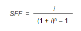 Image of an equation showing that the sinking fund factor is equal to i over the quantity 1 plus i raised to the power n minus 1