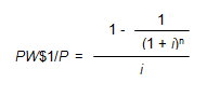 Image of an equation showing that the present worth of one dollar per period factor is equal to 1 minus the quantity 1 over the quantity 1 plus i raised to the power n, all over i.