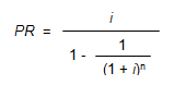 Image of an equation showing that the periodic repayment factor is equal to i over one minus the quantity one over the quantity one plus i to the power n.