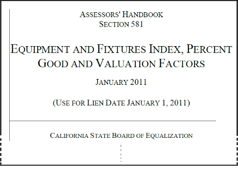 Image of the cover of Assessors' Handbook Section 581 (AH 581), Equipment and Fixtures Index, Percent Good and Valuation Factors for lien date January 1, 2011; published by the California State Board of Equalization