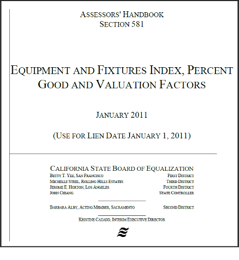 Image of the cover of Assessors' Handbook Section 581 (AH 581), Equipment and Fixtures Index, Percent Good and Valuation Factors for lien date January 1, 2011; published by the California State Board of Equalization.